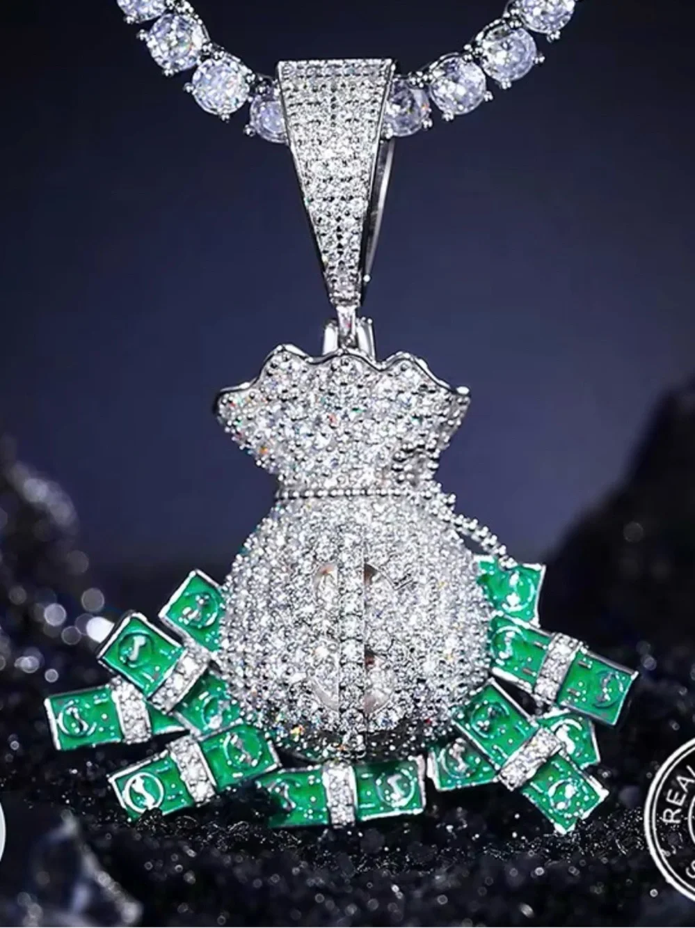 Luxury Moissanite Money Bag Pendant Necklace with Green Accents